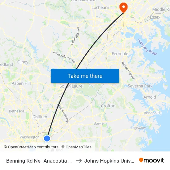 Benning Rd Ne+Anacostia Av NE to Johns Hopkins University map