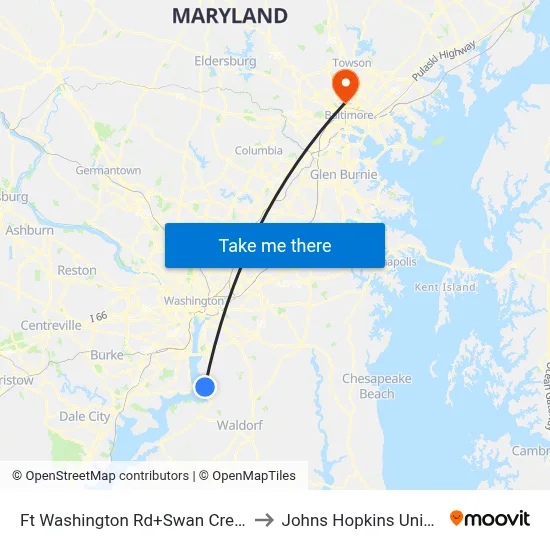 Ft Washington Rd+Swan Creek Rd E to Johns Hopkins University map