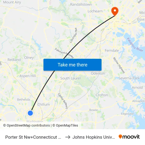 Porter St Nw+Connecticut Av NW to Johns Hopkins University map