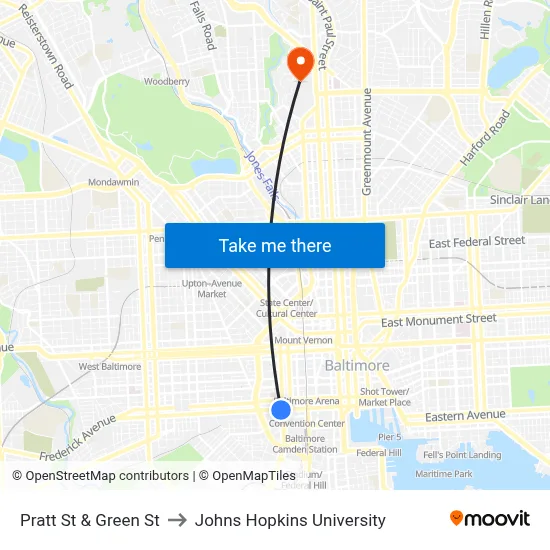 Pratt St & Green St to Johns Hopkins University map