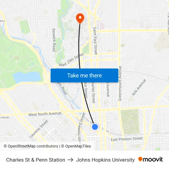 Charles St & Penn Station to Johns Hopkins University map
