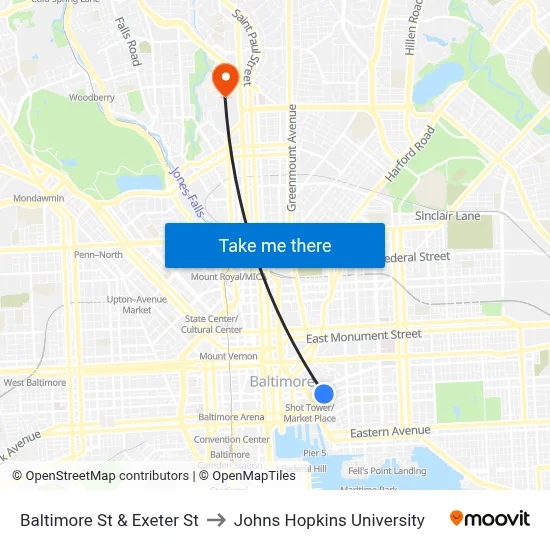 Baltimore St & Exeter St to Johns Hopkins University map