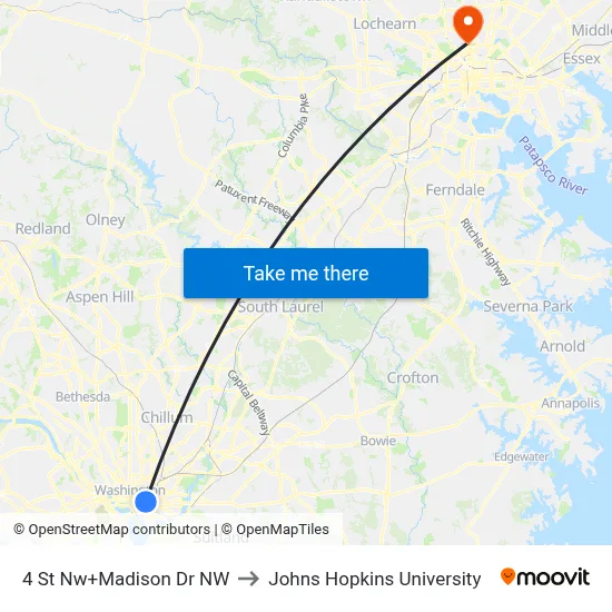 4 St Nw+Madison Dr NW to Johns Hopkins University map