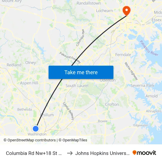 Columbia Rd Nw+18 St NW to Johns Hopkins University map