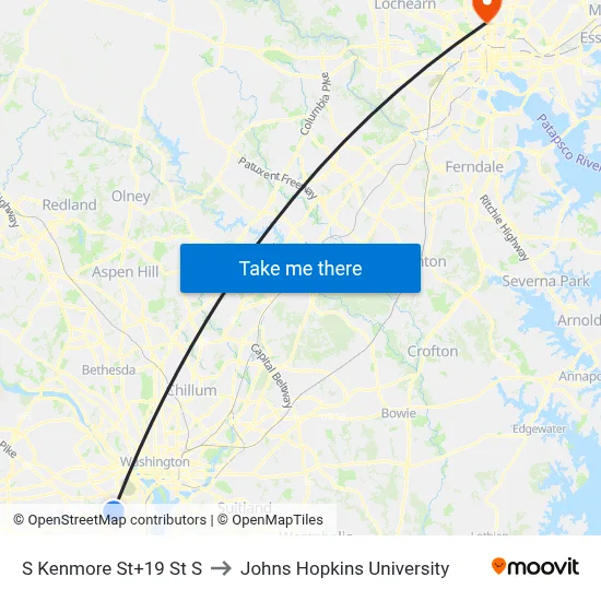 S Kenmore St+19 St S to Johns Hopkins University map