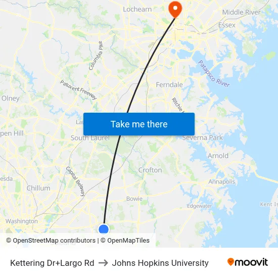 Kettering Dr+Largo Rd to Johns Hopkins University map