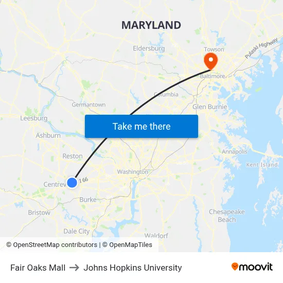 Fair Oaks Mall to Johns Hopkins University map