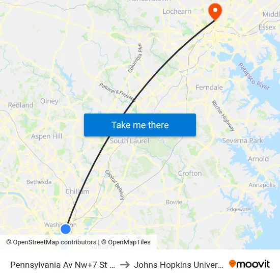 Pennsylvania Av Nw+7 St NW to Johns Hopkins University map