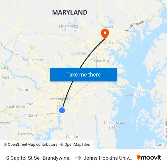 S Capitol St Se+Brandywine St SE to Johns Hopkins University map