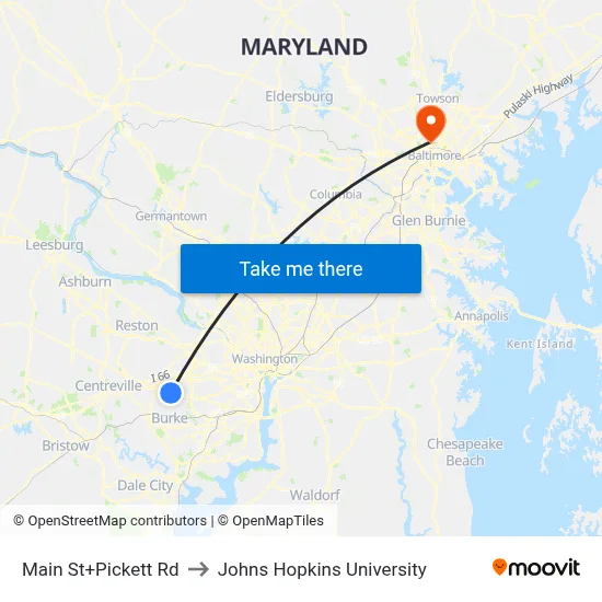 Main St+Pickett Rd to Johns Hopkins University map