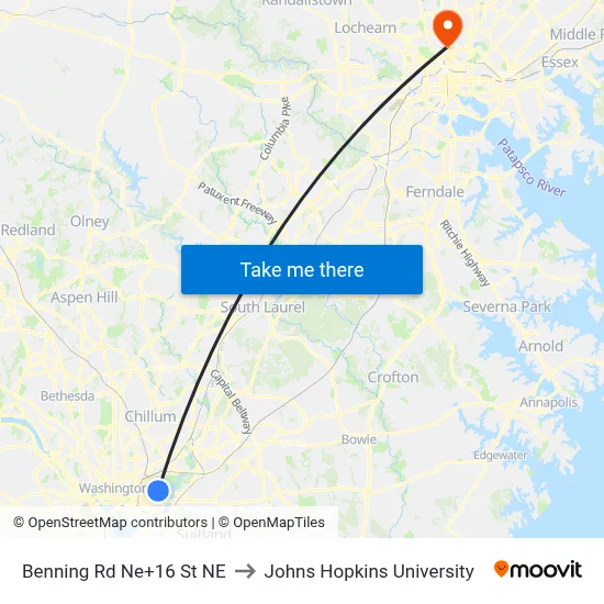 Benning Rd Ne+16 St NE to Johns Hopkins University map