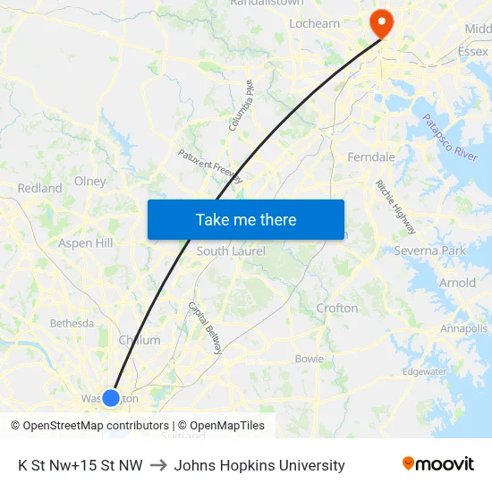 K St Nw+15 St NW to Johns Hopkins University map