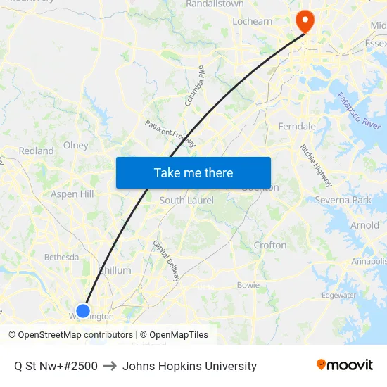 Q St Nw+#2500 to Johns Hopkins University map
