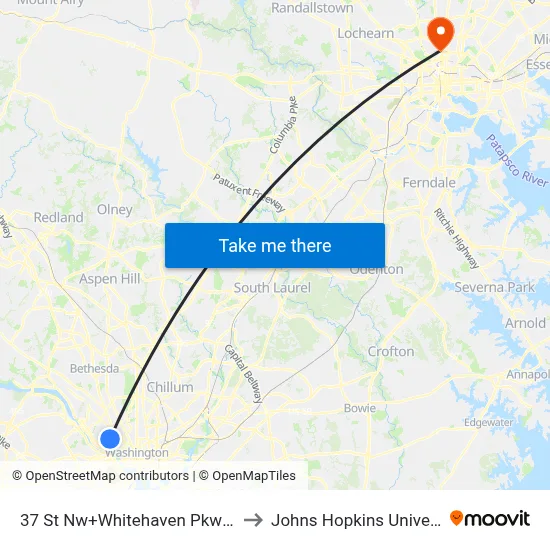 37 St Nw+Whitehaven Pkwy NW to Johns Hopkins University map