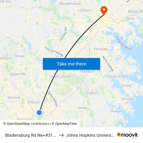 Bladensburg Rd Ne+#3174 to Johns Hopkins University map