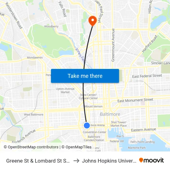 Greene St & Lombard St Sb FS to Johns Hopkins University map