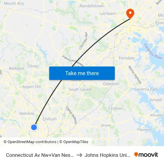 Connecticut Av Nw+Van Ness St NW to Johns Hopkins University map
