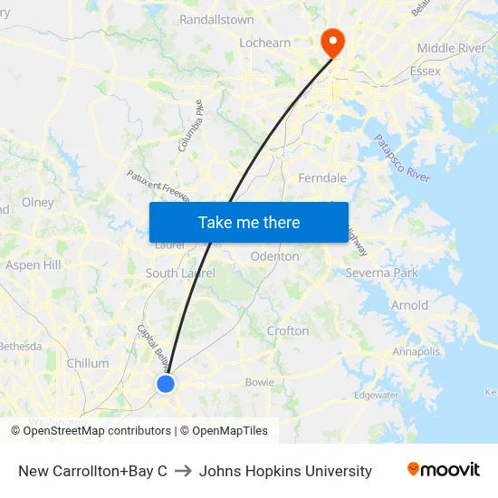New Carrollton+Bay C to Johns Hopkins University map