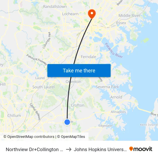 Northview Dr+Collington Rd to Johns Hopkins University map