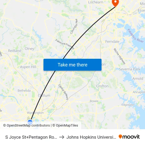 S Joyce St+Pentagon Row to Johns Hopkins University map