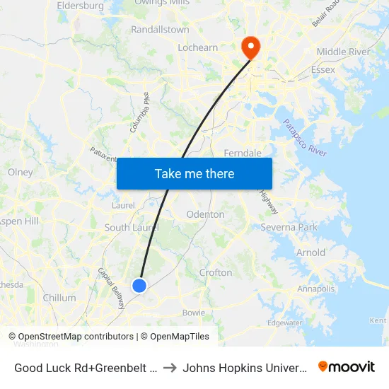 Good Luck Rd+Greenbelt Rd to Johns Hopkins University map