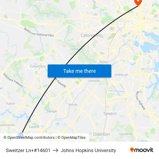 Sweitzer Ln+#14601 to Johns Hopkins University map
