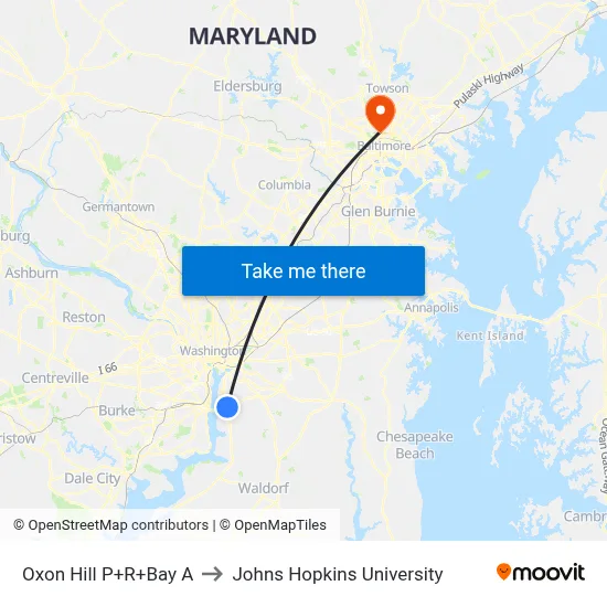 Oxon Hill P+R+Bay A to Johns Hopkins University map