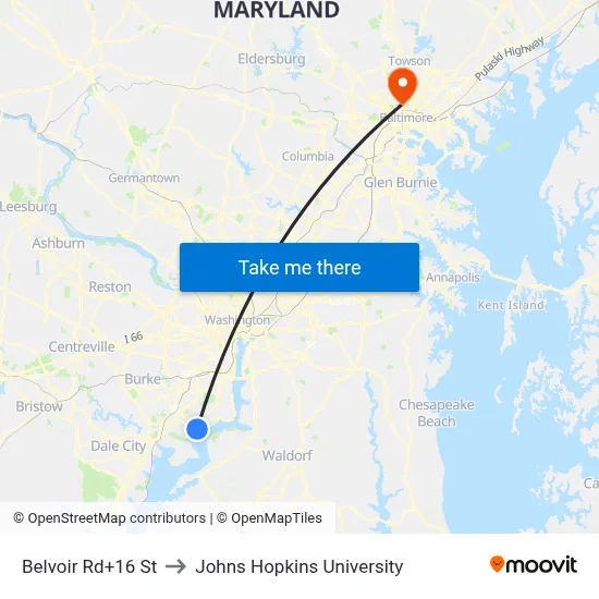 Belvoir Rd+16 St to Johns Hopkins University map