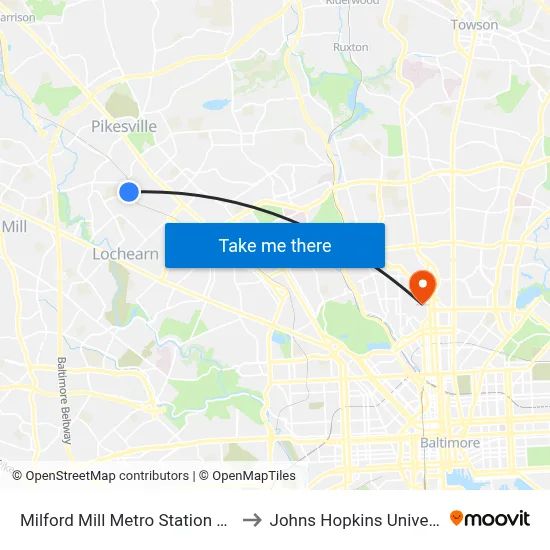 Milford Mill Metro Station Bay 2 to Johns Hopkins University map