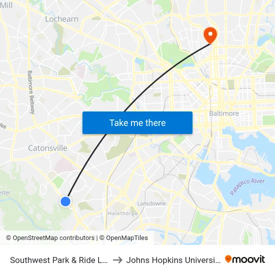 Southwest Park & Ride Lot to Johns Hopkins University map