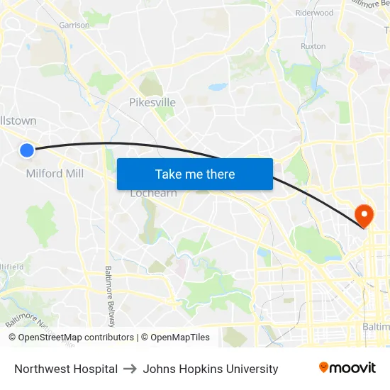 Northwest Hospital to Johns Hopkins University map