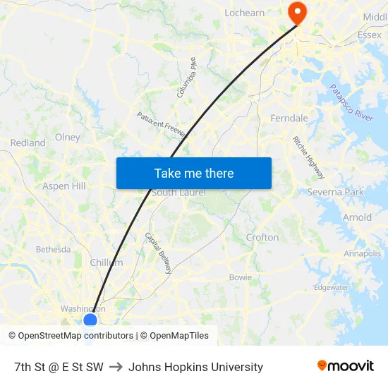 7th St @ E St SW to Johns Hopkins University map