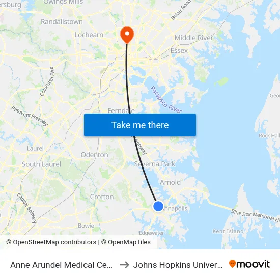 Anne Arundel Medical Center to Johns Hopkins University map
