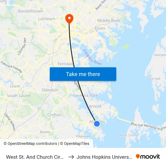 West St. And Church Circle to Johns Hopkins University map