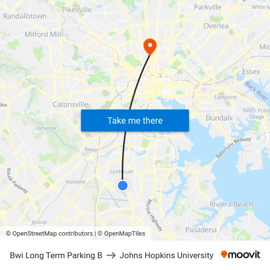 Bwi Long Term Parking B to Johns Hopkins University map