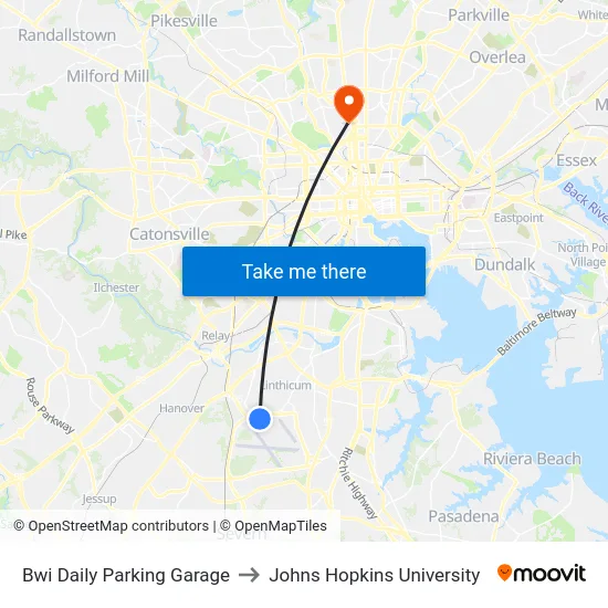 Bwi Daily Parking Garage to Johns Hopkins University map