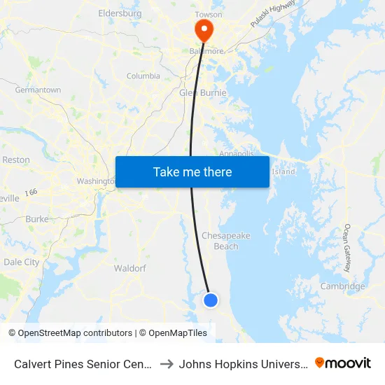 Calvert Pines Senior Center to Johns Hopkins University map