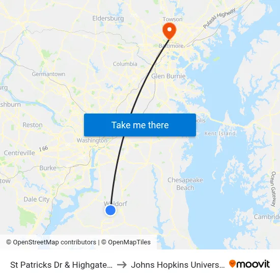 St Patricks Dr & Highgate Pl to Johns Hopkins University map