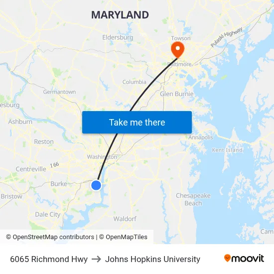 6065 Richmond Hwy to Johns Hopkins University map