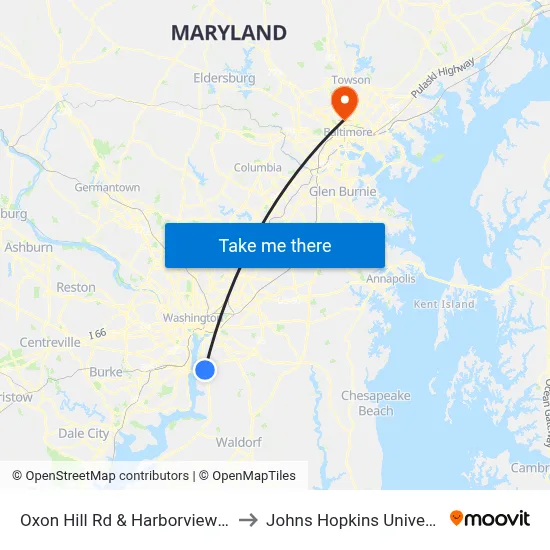 Oxon Hill Rd & Harborview Ave to Johns Hopkins University map