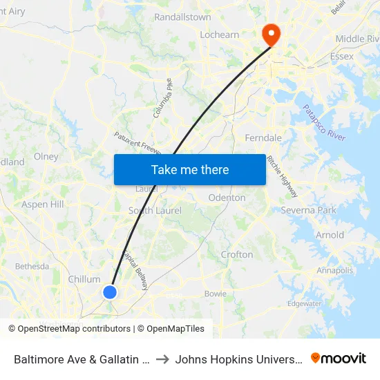 Baltimore Ave & Gallatin St to Johns Hopkins University map