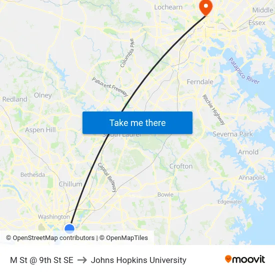 M St @ 9th St SE to Johns Hopkins University map