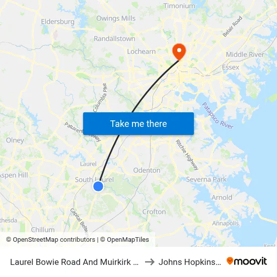 Laurel Bowie Road And Muirkirk Road (Southbound) to Johns Hopkins University map