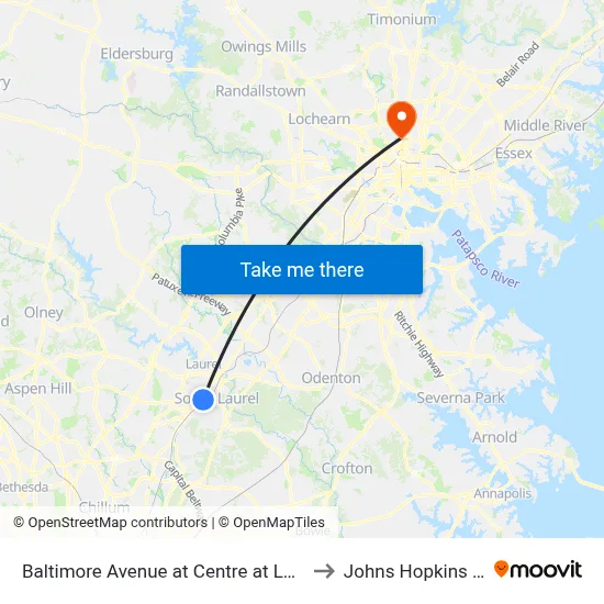 Baltimore Avenue at Centre at Laurel (Northbound) to Johns Hopkins University map