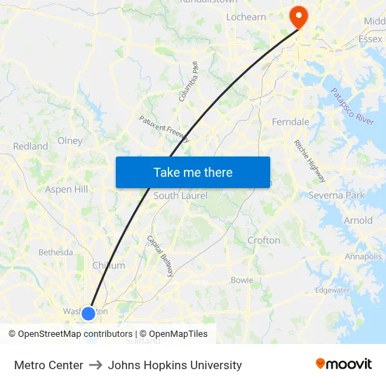 Metro Center to Johns Hopkins University map
