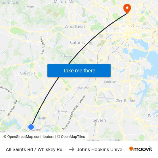 All Saints Rd / Whiskey Run Rd to Johns Hopkins University map