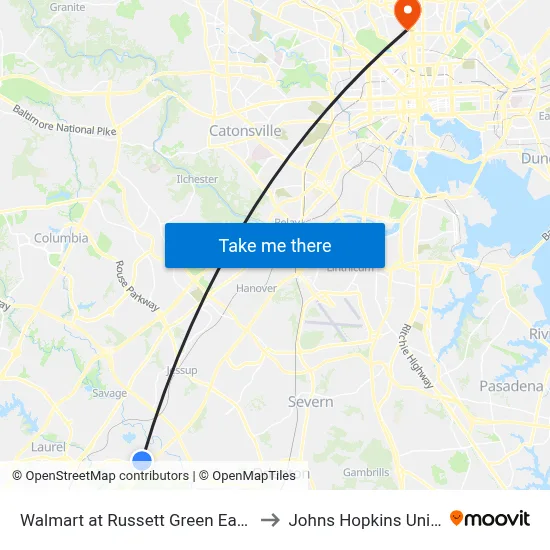 Walmart at Russett Green East - Laurel to Johns Hopkins University map