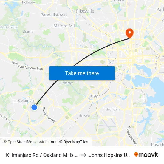 Kilimanjaro Rd / Oakland Mills High School to Johns Hopkins University map