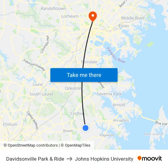 Davidsonville Park & Ride to Johns Hopkins University map