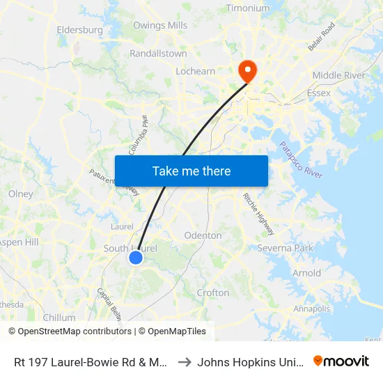 Rt 197 Laurel-Bowie Rd & Murkirk Rd to Johns Hopkins University map
